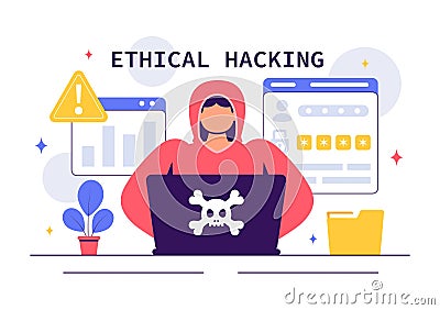 Ethical Hacking Illustration featuring a Developer Practicing Hacking on a Web Application, Identifying Code Vulnerabilities Vector Illustration