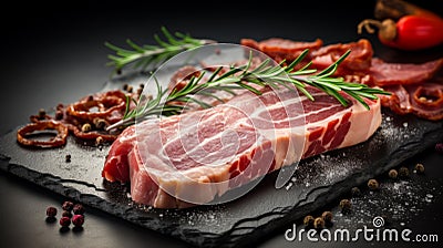 Ethically Sourced Pork Meat On Slate Kitchen Board Stock Photo