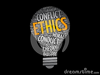 Ethics - branch of philosophy that involves systematizing and recommending concepts of right and wrong behavior, light bulb word Stock Photo