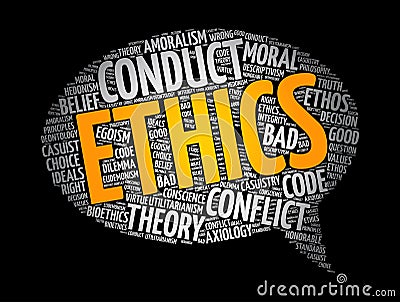 Ethics - branch of philosophy that involves systematizing and recommending concepts of right and wrong behavior, word cloud Stock Photo
