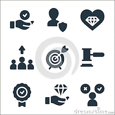 ethics line icons. linear set. quality vector line set such as choice, values, morality, law, target, teamwork, business, Vector Illustration