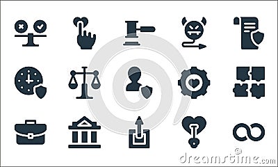 ethics line icons. linear set. quality vector line set such as connection, profits, suitcase, heart, courthouse, reliability, gear Vector Illustration