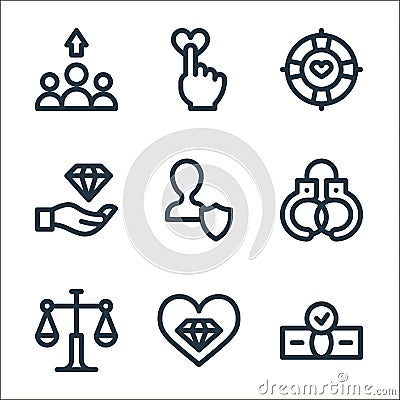 ethics line icons. linear set. quality vector line set such as money, business, justice, police handcuffs, integrity, values, Vector Illustration