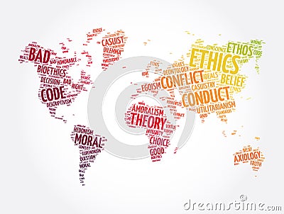 Ethics word cloud in shape of world map, concept background Stock Photo