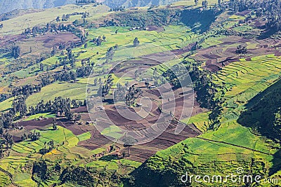 View of farms and a village in the Ethiopian highlands Stock Photo