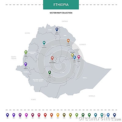 Ethiopia map with location pointer marks. Vector Illustration