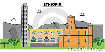 Ethiopia outline city skyline, linear illustration, banner, travel landmark Vector Illustration