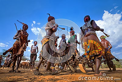 Ethiopia, Turmi village, Omo valley, 16.09.2013, Dancing Hamer t Editorial Stock Photo