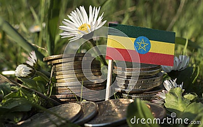 Ethiopian flag with stack of money coins with grass Stock Photo