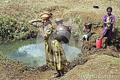 Ethiopian girls fetching water in natural water well Editorial Stock Photo