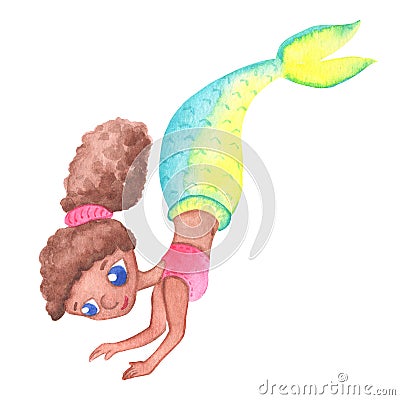 Ethnic african mermaid girl handdrawn character. Diverse nation mermaid. Underwater princess Cartoon Illustration