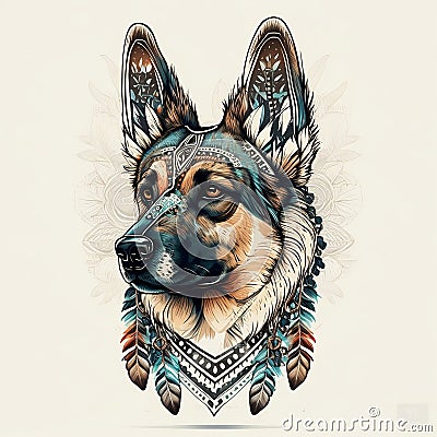 Ethnic animal totem, portrait german sheppard dog illustration Cartoon Illustration