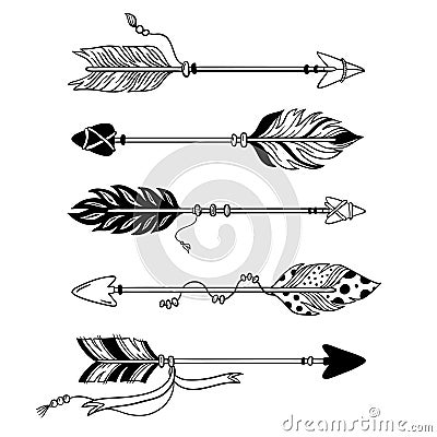 Ethnic arrows. Hand drawn feather arrow, tribal feathers on pointer and decorative boho bow isolated vector set Vector Illustration