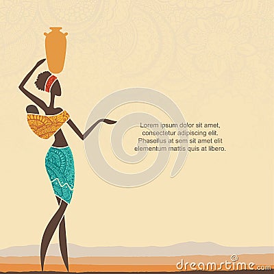 Ethnic background with African woman with a child and stylized African landscape Vector Illustration
