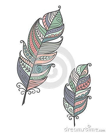 Ethnic bird feathers in boho style. Pastel colors vector hand drawn, tribal gipsy concept. Vector Illustration