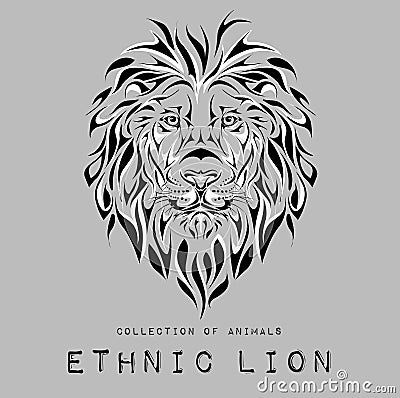 Ethnic black head of lion on grey. totem / tattoo design. Use for print, posters, t-shirts. Vector illustration Vector Illustration