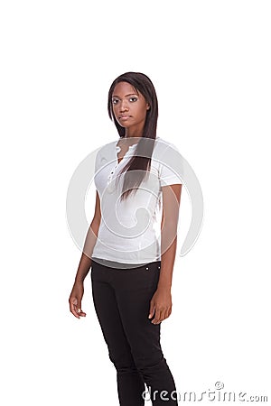 Ethnic black young woman in jeans white t-shirt Stock Photo