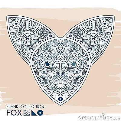 Ethnic blue head of the fox. High detailed Patterned head of the fox. Decorated Fox head. Vector Illustration. Vector Illustration