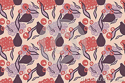 Ethnic boho seamless pattern with abstraction and vases and leaves. Vector illustration in a trendy style and muted Vector Illustration