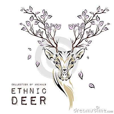 Ethnic colored head of deer with branches on the horns. totem / tattoo design. Use for print, posters, t-shirts. Vector illustrati Vector Illustration