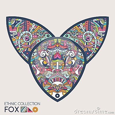 Ethnic colored head of the fox. High detailed Patterned head of the fox. Decorated Fox head. Vector Illustration. Vector Illustration