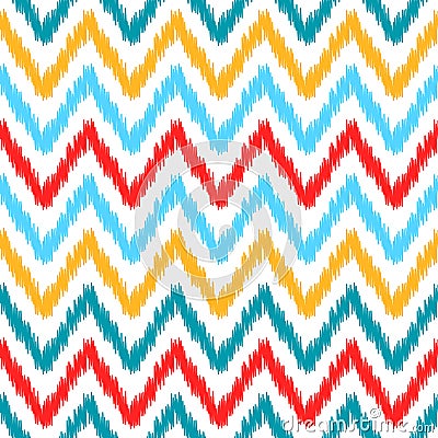 Ethnic colorful ikat abstract geometric chevron pattern in white, blue, red and yellow, Stock Photo