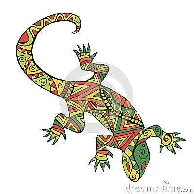Ethnic colorful lizard with many ornaments, isolated on white background. Vector Illustration