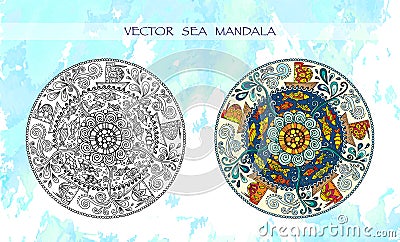 Ethnic colorful mandalas with ornament, fishes, waves, wind and ships. Vector Illustration