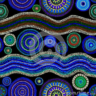 Ethnic design - dots, circles and waves. Glowing neon seamless pattern. Hand painting in australian aboriginal style. Stock Photo