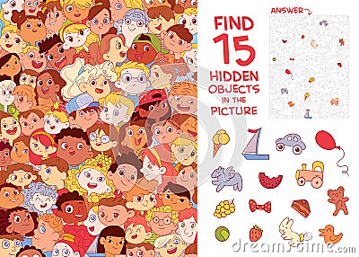 Ethnic diversity of children`s faces. Find 15 hidden objects Vector Illustration