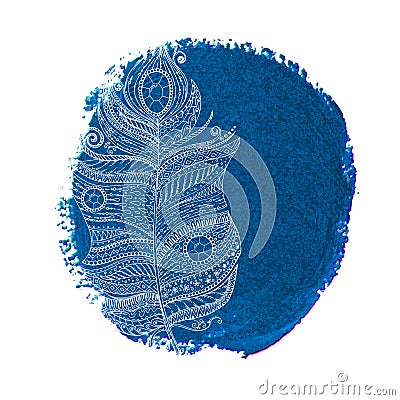 Ethnic doodle feather on a watercolor circle Vector Illustration