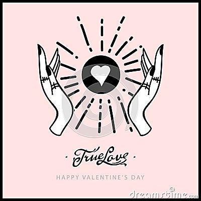 Ethnic esoteric Valentine`s day card with hands, moon, heart. True love. Magic Hand drawn, doodle, sketch line style. Vector illus Vector Illustration