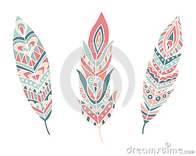 Ethnic Feathers. Hand Drawn Design Elements Vector Illustration