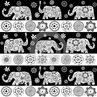 Ethnic floral patterned elephants background Vector Illustration