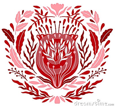 Ethnic folk flower bright color in white background.Symmetry specular composition.Traditional ornament. Vector Illustration