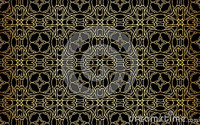 Ethnic gold pattern of geometric shapes and stylized flowers on a black background. Abstract texture. Vector Illustration