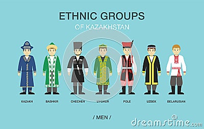 Ethnic groups of Kazakhstan. People in traditional costumes. Vector Illustration