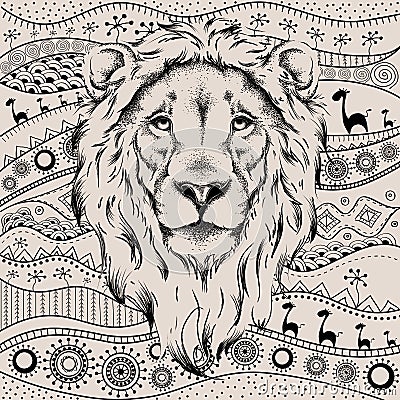 Ethnic hand drawing head of lion on African hand-drawn ethno pattern. totem / tattoo design. Use for print, posters, t-shirts. Ve Vector Illustration