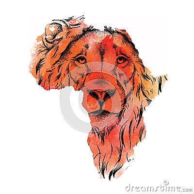 Ethnic hand drawing head of lion in the vector map of Africa. Vector illustration. Abstract Background with Watercolor Stains Vector Illustration