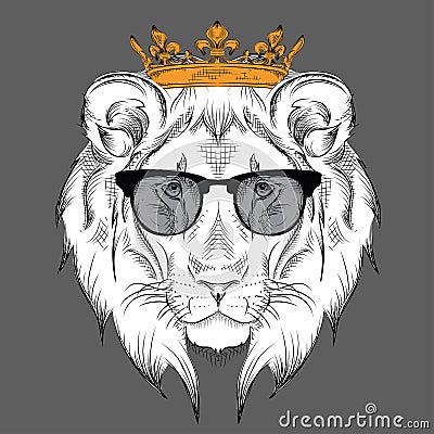 Ethnic hand drawing head of lion wearing a crown and in the glasses. totem / tattoo design. Use for print, posters, t-shirts. Vector Illustration