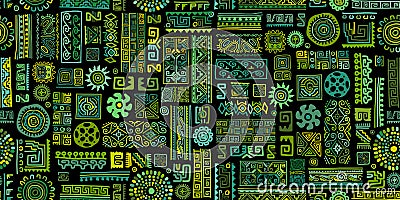 Ethnic handmade green ornament, seamless pattern Cartoon Illustration