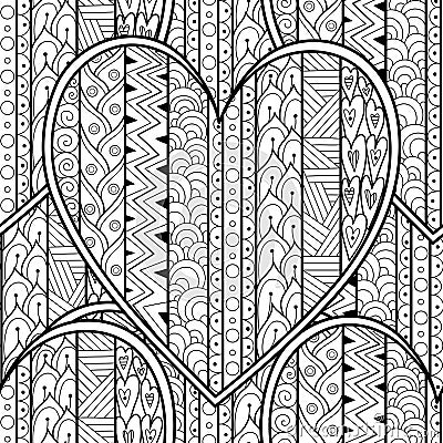 Ethnic heart black and white seamless pattern for coloring book. Love mandala outline background Vector Illustration