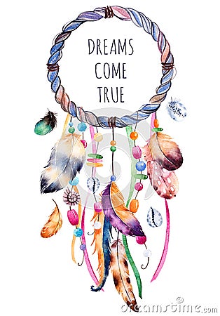 Ethnic illustration with native American Indian watercolor dreamcatcher. Cartoon Illustration