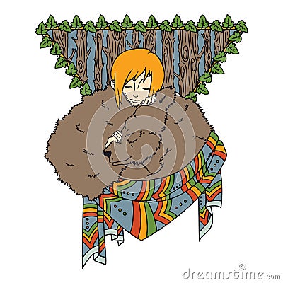 Ethnic illustration, sleeping girl and bear Vector Illustration