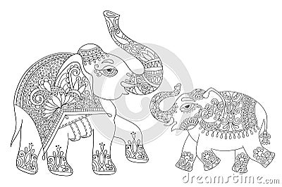 Ethnic indian elephant line original drawing, adults coloring bo Vector Illustration