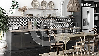 Ethnic kitchen interior, panoramic view Stock Photo