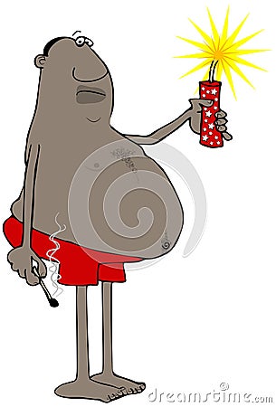 Ethnic man in swim trunks holding a giant lit firecracker and a smoking match Stock Photo