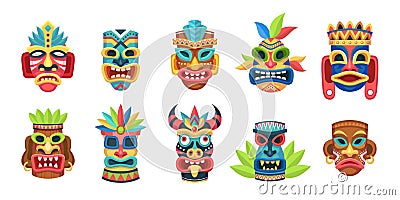Ethnic masks. Ritual, ceremonial tribal mexican indian or african colorful masks, aboriginal zulu or aztec idols with Vector Illustration