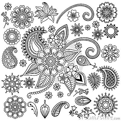 Ethnic Mehndi Flowers Elements Vector Illustration