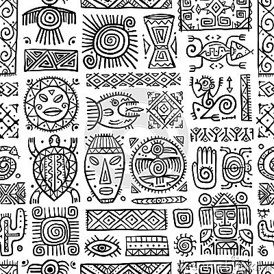 Ethnic mexican decor. Handmade Seamless Pattern for your design. Tribal tattos elements Vector Illustration